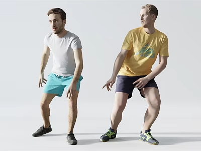 Two Men Wearing T Shirts And Shorts In Dynamic Stances 3d model