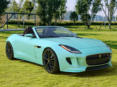 Light blue Jaguar convertible sports car parked on green grass field with trees 3d model