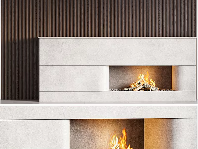 Modern White Fireplace With Burning Fire And Dark Wood Paneling Background 3d model