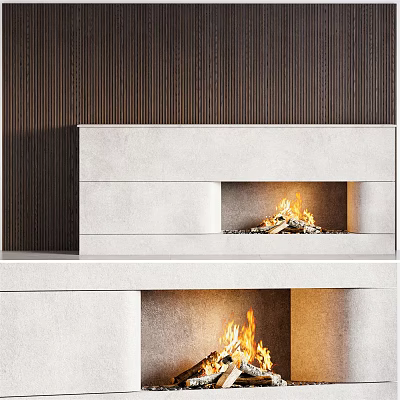 Modern White Fireplace With Burning Fire And Dark Wood Paneling Background 3d model
