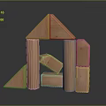 Light Wood Color Wooden Blocks with Triangle Rectangle Cylinder Shapes Stacked into House Like Structure