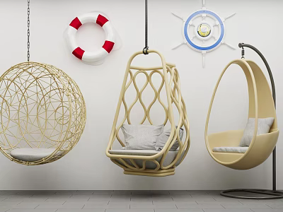Modern Wicker Hanging Chairs With Intricate Design Lifebuoy And Ship Wheel Decor 3d model Modern Wicker Hanging Chairs With Intricate Design Lifebuoy And Ship Wheel Decor 3d model