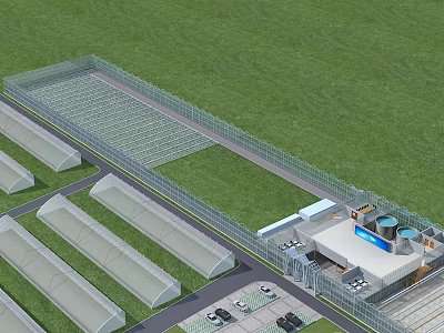 Industrial Factory Plant With Multiple Shed Structures Green Field And Security Fence 3d model