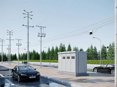 Modern Urban Road Facilities With Street Lamps Utility Poles And Power Distribution Cabinets 3d model