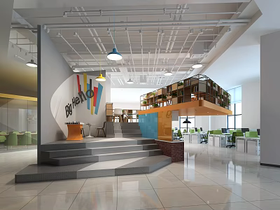 Modern Public Office Space With Open Layout Stairs Bookshelves And Lounge Seating 3d model
