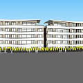 Modern Multistory Residential Building With Large Glass Windows Green Trees And Blue Sky View