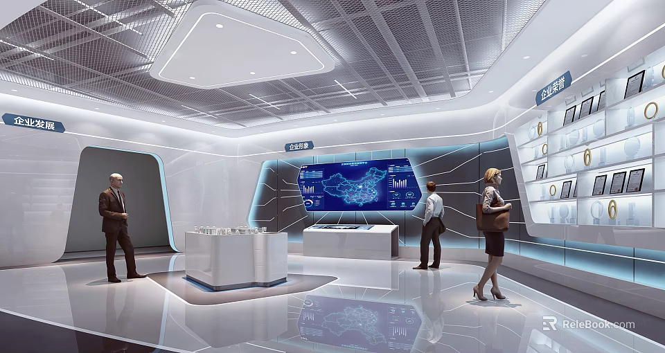 Modern Exhibition Hall Interior With Digital Data Map Screen And Display Counters For Visitors 3d model