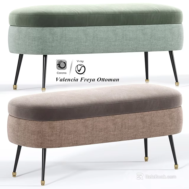 Valencia Freya Ottoman Modern Upholstered Bench With Black Metal Legs 3d model 