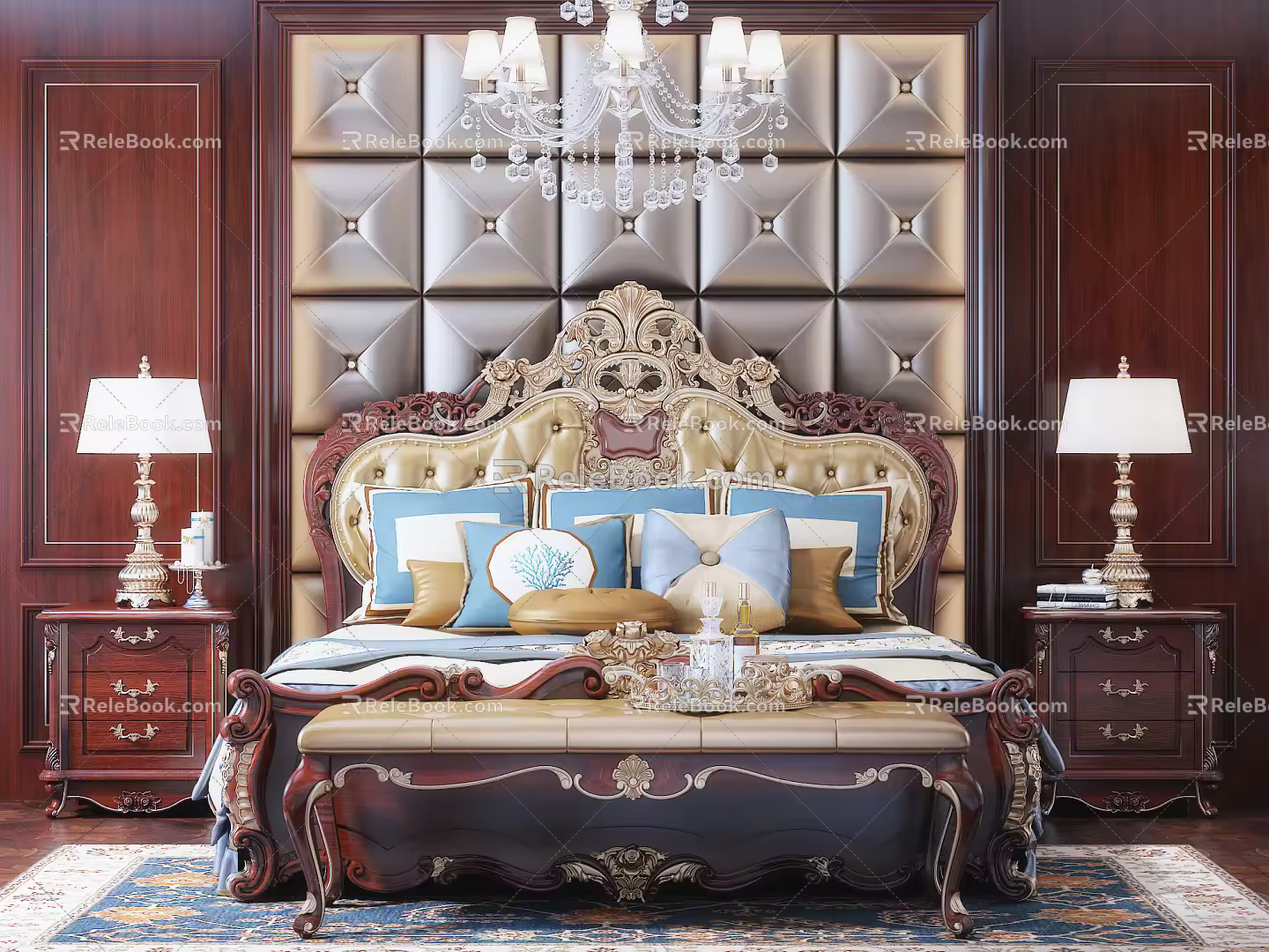 European background double bed bedding combination 3d model