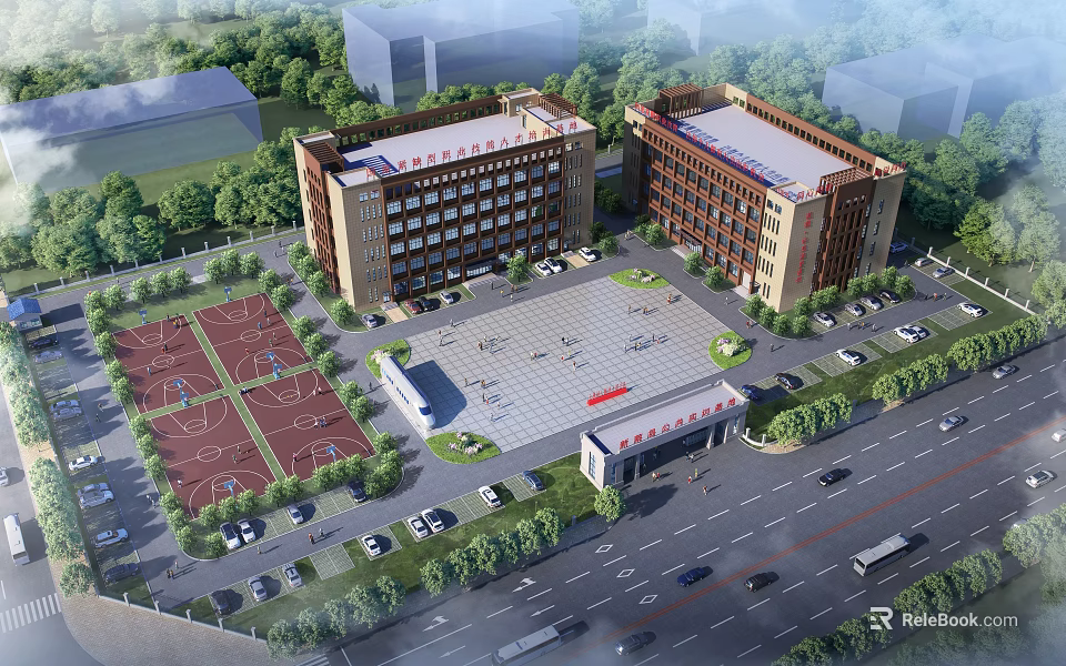 Twin Modern Office Buildings With Basketball Courts Central Square Parking And Lush Greenery 3d model 