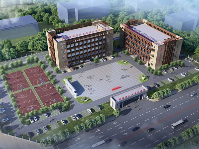 Twin Modern Office Buildings With Basketball Courts Central Square Parking And Lush Greenery 3d model
