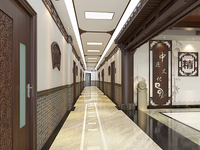 Traditional Chinese Corridor Interior Design With Cultural Elements And Wooden Decorations 3d model