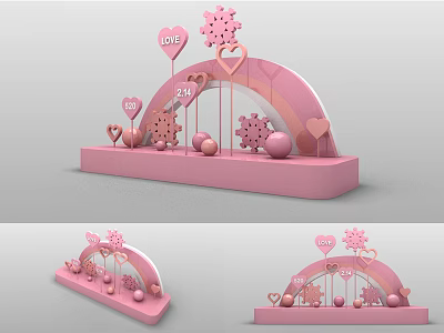 Pink Decorative Display Stand With Arch Structure Love Hearts Snowflake Ornaments And Balls 3d model