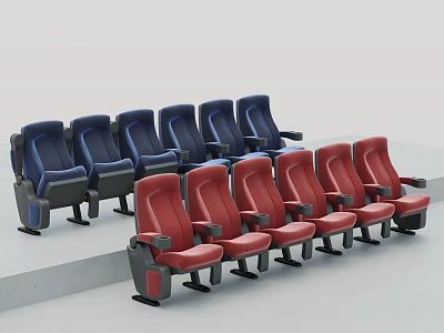 Modern Theater Seats Arranged In Blue And Red Rows With Armrests 3d model