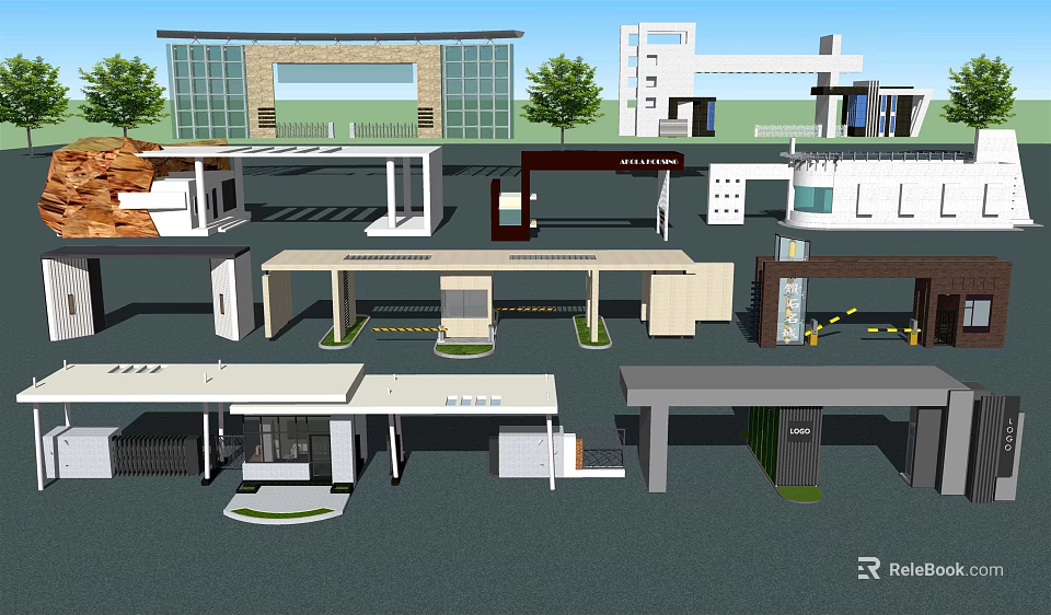 Modern Entrance Gate Designs With Canopies Columns And Architectural Elements 3d model 
