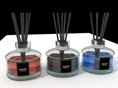 Perfume Cosmetics Reed Diffusers with Red Black Blue Transparent Glass Bottles Metal Caps Musk Scent 3d model