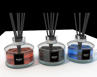 Perfume Cosmetics Reed Diffusers with Red Black Blue Transparent Glass Bottles Metal Caps Musk Scent 3d model
