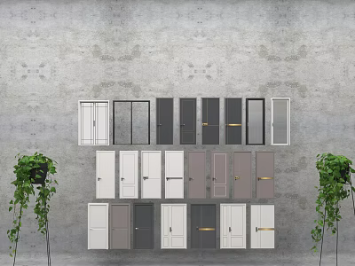 Various Styles And Colors Of Hinged Doors Displayed Against Concrete Wall With Green Plants 3d model