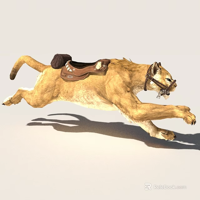 Powerful Cougar Running Fast With Leather Saddle And Bridle On White Background 3d model 