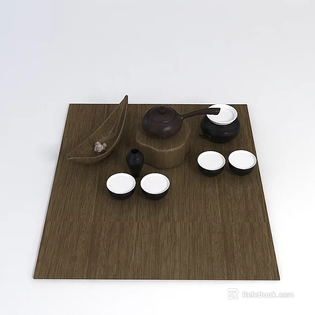 Traditional Chinese Tea Set with Wooden Tray Teapot and Ceramic Cups 3d model 