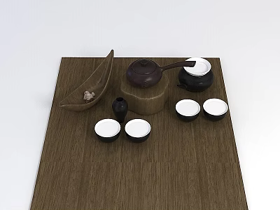 Traditional Chinese Tea Set with Wooden Tray Teapot and Ceramic Cups 3d model