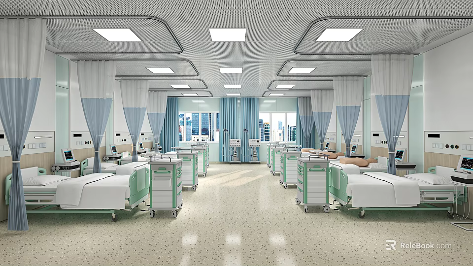 Modern Hospital Outpatient Clinic Interior With Multiple Beds Medical Equipment And Ceiling Lights 3d model 