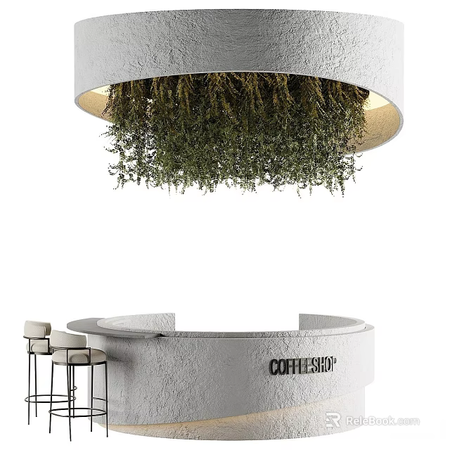 Modern Round Coffeeshop Bar Counter With Hanging Green Herbs And Bar Stools 3d model 