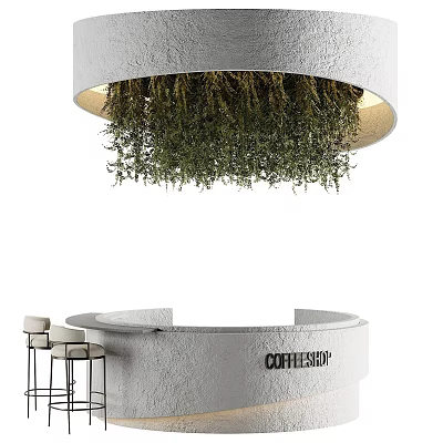 Modern Round Coffeeshop Bar Counter With Hanging Green Herbs And Bar Stools 3d model