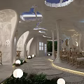 Cave Style Café Interior With White Arched Walls Wooden Tables String Lights And Pebble Floor