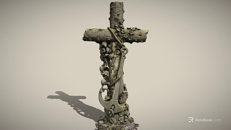 Stone Wood Cross Sculpture With Rustic Design And Decorative Details 3d model 