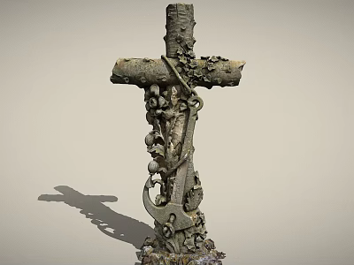 Stone Wood Cross Sculpture With Rustic Design And Decorative Details 3d model