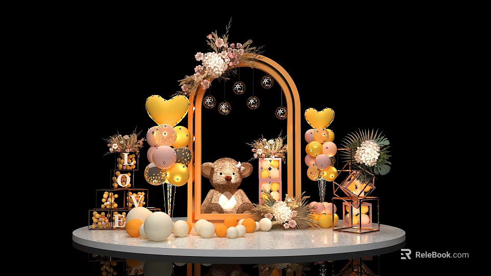 Cheerful Birthday Party Decoration With Teddy Bear Arch Balloons Flowers And Golden Lanterns 3d model 