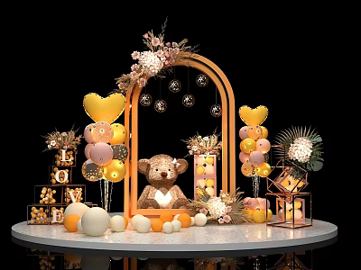 Cheerful Birthday Party Decoration With Teddy Bear Arch Balloons Flowers And Golden Lanterns 3d model