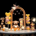 Cheerful Birthday Party Decoration With Teddy Bear Arch Balloons Flowers And Golden Lanterns