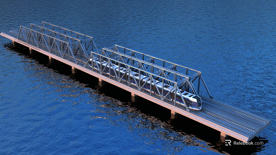 Modern Metal Truss Bridge Over Blue Water With Passing Light Rail Train 3d model 