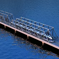 Modern Metal Truss Bridge Over Blue Water With Passing Light Rail Train