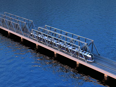 Modern Metal Truss Bridge Over Blue Water With Passing Light Rail Train 3d model