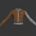 Brown And Gray Jacket With Leather Body Knitted Sleeves Zipper Front And Pockets