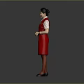 Woman In Red Uniform Standing With Hands Crossed Against Gray Background