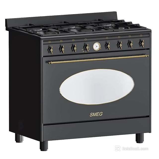 Classic Smeg Range Cooker With Black Finish And Gold Accents For Modern Kitchens 3d model 
