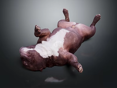 Brown and white bulldog lying on back with paws up on dark background 3d model
