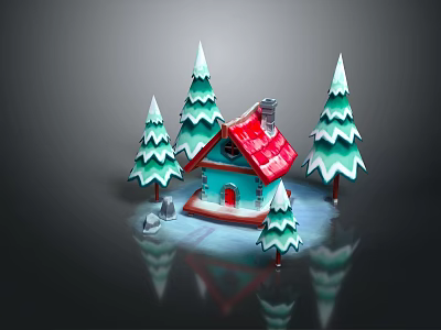 Small House with Red Roof Chimney and Blue Door Surrounded by Snowy Trees 3d model