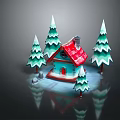 Small House with Red Roof Chimney and Blue Door Surrounded by Snowy Trees