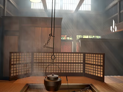 Traditional Tea Room Featuring Wooden Structure Grid Screens Hanging Iron Kettle Steam And Natural Light 3d model