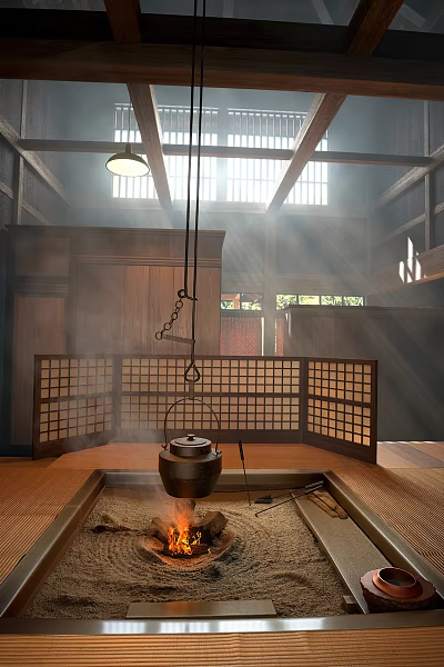 Traditional Tea Room Featuring Wooden Structure Grid Screens Hanging Iron Kettle Steam And Natural Light 3d model