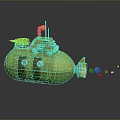 Cute Green Cartoon Submarine With Blue Eyes Stripes Orange Antenna And Bubbles From Tail