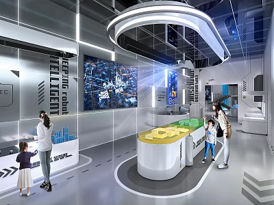 Modern Tech Exhibition Hall With Interactive Display Counter And Families Exploring 3d model