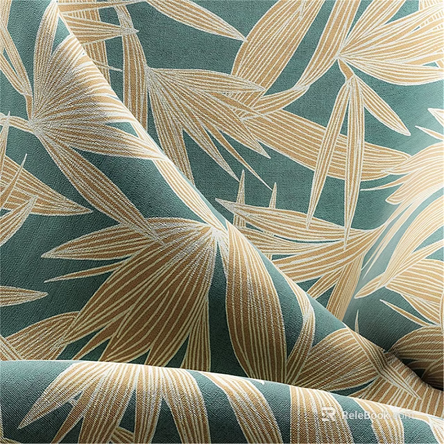 Vibrant Green Fabric Featuring Golden Leaf Patterns And Detailed Textured Design 3d model 
