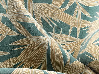 Vibrant Green Fabric Featuring Golden Leaf Patterns And Detailed Textured Design 3d model