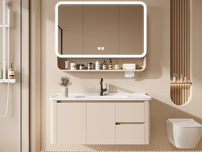 Modern Light Colored Bathroom Vanity Cabinet With Mirror And Toiletries Storage 3d model